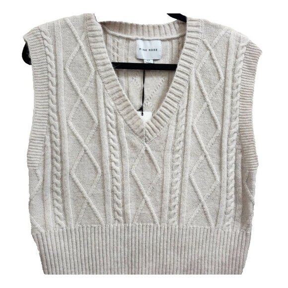 Pink Rose Beige Cable Knit Sweater Vest Women’s S V-Neck Sleeveless Diamond - Picture 3 of 9